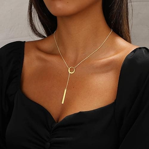 Hergory Long Gold Necklace for Women Trendy, Dainty Layered Lariat Necklace 14k Gold Plated Silver Y Shaped Beaded Chain Non Tarnish Drop Necklaces Simple Adjustable Jewelry Gift thumbnail 4