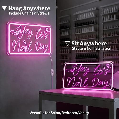 Yay It's Nail Day Neon Sign, Pink Neon Sign with 3D Carving Butterfly，Nails Neon Signs for Wall Decor, Bedroom - 3-Mode Dimmable USB Powered Salon Decor, Gifts for Nail Tech 16x8.8 Inches thumbnail 3