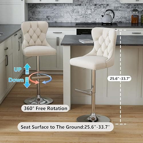 Swivel Bar Stools Set of 4, Velvet Height Adjustable Counter Chairs,Beige | Upholstered Modern Barstools with Button Tufted Back & Silver Footrest, For Dining Room Kitchen Island thumbnail 3