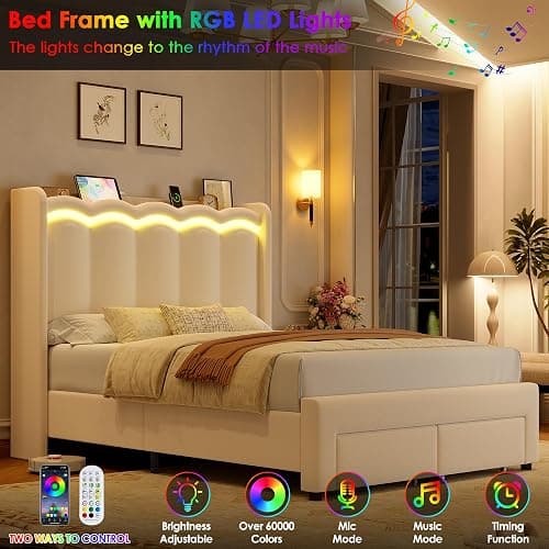 HIFIT Upholstered Full Size LED Bed Frame with Charging Station and 2 Storage Drawers, Beige Velvet Platform Bed Full Size, Camas Full with Double Wavy Wingback Headboard, No Box Spring Needed thumbnail 8