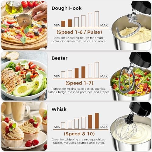 OSTBA Stand Mixer, 5QT+5.5QT Two Bowls Electric Kitchen Mixer, 10+P Speed Dough Mixer with Whisk, Beater & Dough Hook, Dishwasher Safe, Black thumbnail 4
