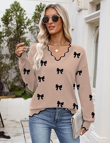 Zeagoo Women's 2025 Fall V Neck Sweater Casual Long Sleeve Lightweight Ribbed Knit Pullover Sweaters Dressy Casual Tops thumbnail 3