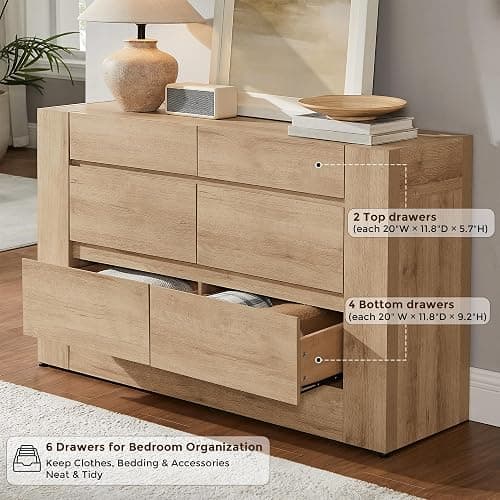 OKD Modern 6 Drawer Dresser with Handle-Free Hidden Drawers, Natural Oak | 54" Wide Bedroom Dresser, Thick Wood Design, Dressers TV Stand, Storage Organizer for Living Room thumbnail 7