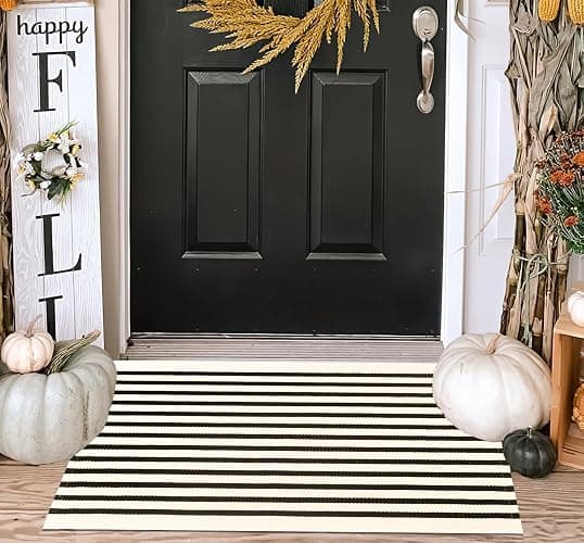 Front Door Mat Outdoor 24'' x 35'' Black and Beige Striped Outdoor Rug Cotton Woven Washable Entryway Rug Small Area Rug for Front Porch/Laundry Room/Bathroom thumbnail 8