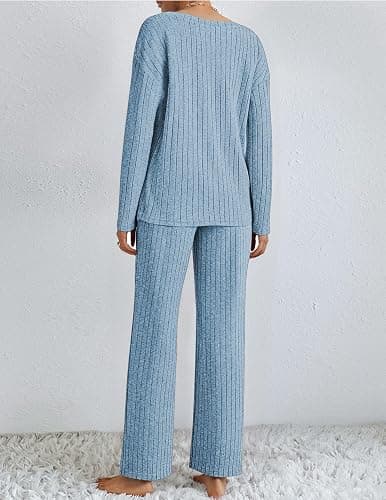 Ekouaer Lounge Sets for Women Long Sleeve Knit Ribbed Pajama Sets 2 Piece Casual Loungewear with Pockets thumbnail 5