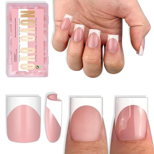 NOVO OVO Short Sharp Square White French Tip Nail Tips Press on BABY PINK, Need Builder Gel Top Coat Nail Glue, Soft Gel Fake Nail Extension, Full Cover False Nails for Salon DIY x 15 Sizes 240 pcs - Image 1