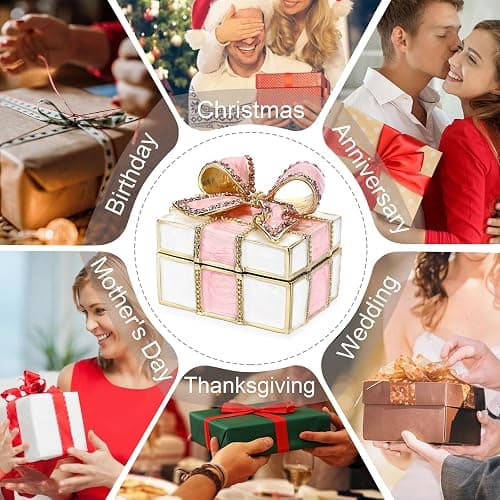 ❤️ELLDOO Mini Trinket Box, Bow-knot Gift Box Style Hinged Jewelry Box Vintage Metal Enameled Decorative Box Ring Earrings Jewelry Organizer Gift Box for Women Girls, Pink thumbnail 7