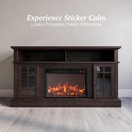 BELLEZE Astorga 58" TV Stand with 23" Electric Fireplace - Espresso | for TV Up to 65",Open Shelf & Storage Cabinet,Adjuatable Shelf,for Living Roomg Dining Room thumbnail 4