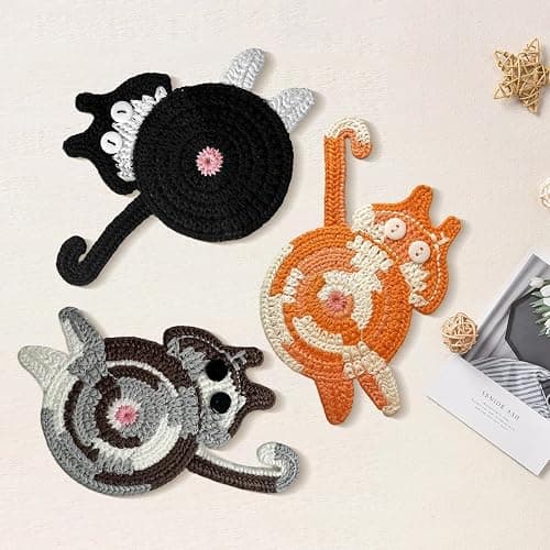 iYZZGH Drink Coaster, Woven Creative Coasters for Cat Lovers, Gag Gifts Cat Coffee Coaster for Desk Accessories Home Decor Tabletop Protection(Cat-4PCS) thumbnail 6