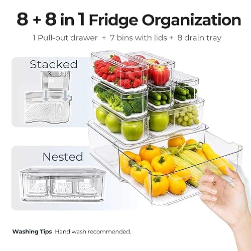 SMRCAD Clear Fridge Bins with Drain Trays - BPA-Free PET, Stackable (8) | 8 Pack: 1 Drawer + 7 lidded Bins, Helps Keep Produce Fresh, 18.3L Capacity, Hand Wash Only thumbnail 7