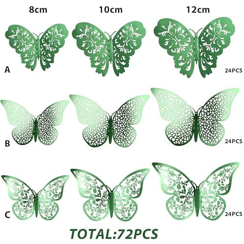 Bememo 72 Pieces 3D Butterfly Wall Decals Sticker Decal Wall Decor Art Decorative Sticker 3 Sizes for Room Offices Bedroom Bathroom Living Room Decor(Light Green) thumbnail 4