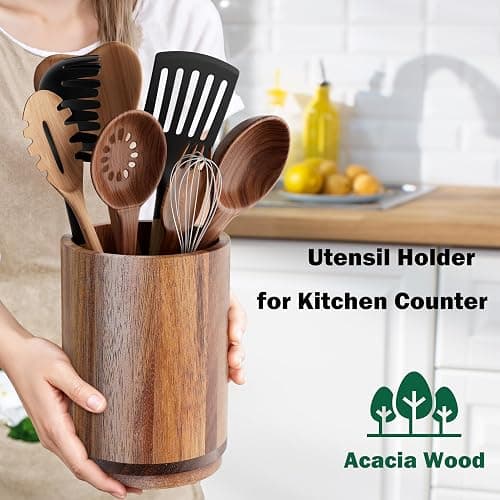 Segtenant Utensil Holder, Acacia Wood Kitchen Utensil Holder for Countertop, 360°Rotating Cooking Utensil Crock for Kitchen Counter, 7.2" Large Utensil Organizer for Spatula thumbnail 4