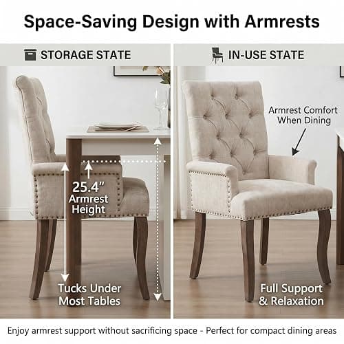 Bannion Upholstered Dining Chairs with Arms Set of 6, Greyish Beige, 6 Pack | Tufted Chenille Kitchen Chairs with Arms, Modern Farmhouse Armchair with Nailhead Trim for Dining Room, Home Office thumbnail 3