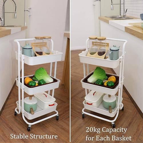 Piowio 3 Tier Utility Rolling Cart Multifunction Organizer Shelf Storage Cart with 3 Pieces Cups and 8 Pieces Hooks for Home Kitchen Bathroom Laundry Room Office Store etc. (White) thumbnail 5