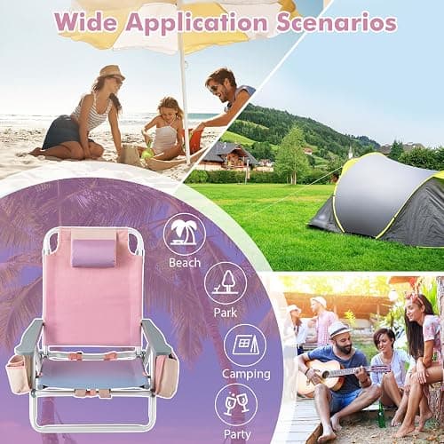 Giantex Folding Beach Chair, Patio Sling Chairs with 5 Adjustable Position, Head Pillow, Storage Bag, Towel Bar, Cup Holders, Backpack Chairs for Sunbathing, Camping Chair thumbnail 9