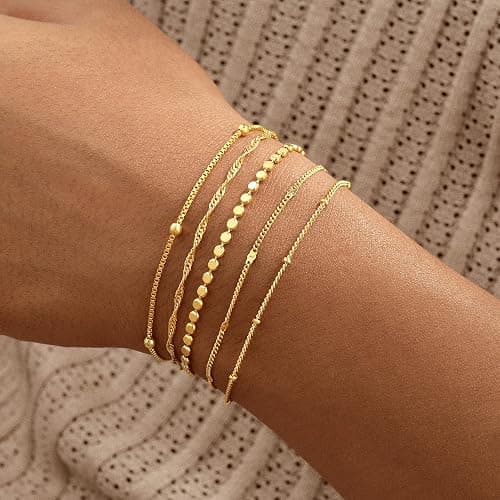 Striviio Gold Bracelets for Women, 14K Gold Plated Stackable Bracelet Stack Set Adjustable Charm Paperclip Chain Snake Link Layered Waterproof Jewelry Sets Gifts thumbnail 3