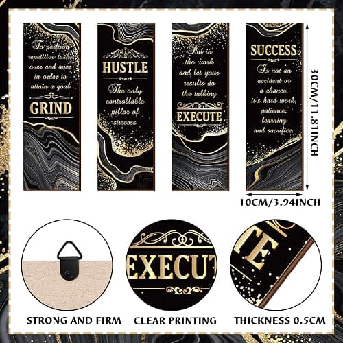 Honoson 4 Pcs Black and Gold Bathroom Decor Inspirational Quote Wooden Sign with Grind Hustle Execute Success Gold Art Signs Bathroom Hanging Accessories for Bedroom Living Room Kitchen(11.8 x 4 Inch) thumbnail 4