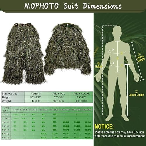 MOPHOTO 5 in 1 Ghillie Suit 3D Camouflage Hunting Suits - Jacket, Pants, Hood, Carry Bag for Adults & Youth, M/L/XL/XXL thumbnail 5