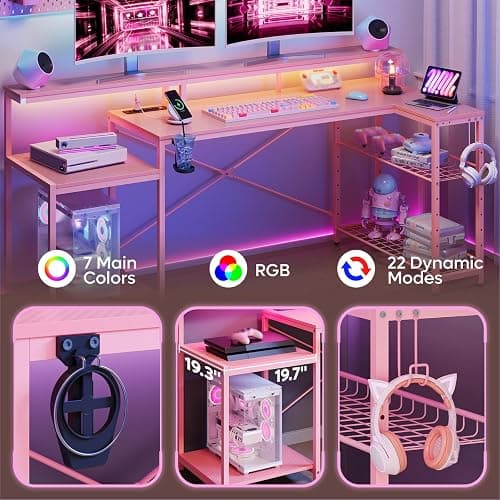 Bestier 71.5 inch Gaming Desk with Power Outlet, Large LED Computer Desk with Monitor Stand, L Shaped Desk with Storage Shelf, Cup Holder & Headset Hooks, Corner Gamer Desk for Bedroom Pink thumbnail 4