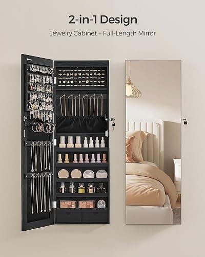 SONGMICS Hanging Jewelry Cabinet, Wall-Mounted Cabinet with LED Interior Lights, Door-Mounted Jewelry Organizer, Full-Length Mirror, Christmas Gift Idea, Ink Black UJJC099B01 thumbnail 4