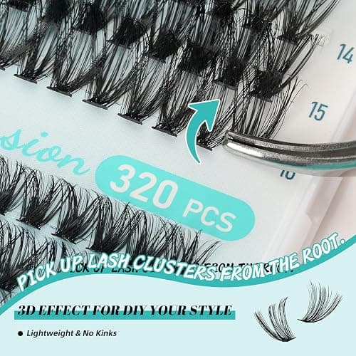 Lash Extension Kit 320Pcs,DIY Individual Lashes Clusters Kit,Lash Bond And Seal,Lash Remover For Eyelashes Extensions,Lash Applicator Tool For False Eyelash Cluster Kit At Home(40D50D,D-Mix9-16mmKit) thumbnail 5