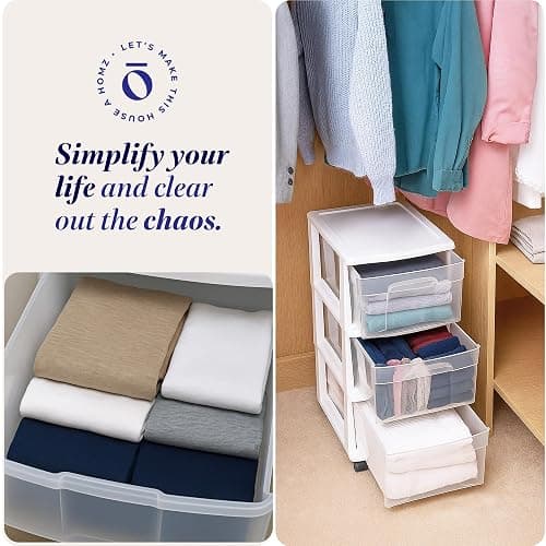 HOMZ Drawer Tower, 3-Tier Clear Plastic Storage Organizer Cart, White Frame - Heavy-Duty Organizing Drawers for Home, Bedroom, and Closet Organization thumbnail 8
