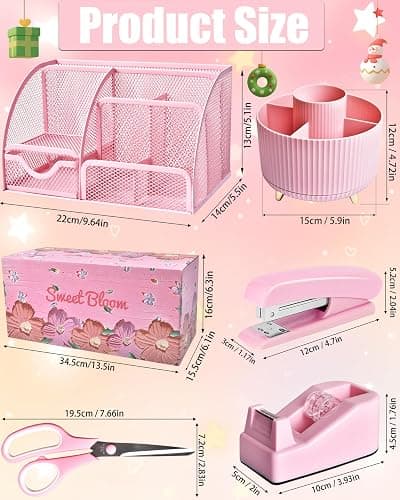 LXEVIHK 21Pcs Pink Desk Organizers and Accessories With Mesh Desk Organizer and 360°Rotating Pen Holder and a Lot of Office Pink Office Supplies Beautifully Presented in a Gift Box thumbnail 2