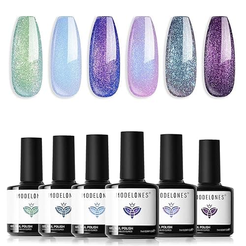 modelones Chameleon Gel Nail Polish Set- 6 Colors Fall Winter Aurora Shimmer Glitter Gel Polish Kit Blue Green Purple Nail Gel Polish Soak Off LED Nail Lamp Nail Art Gel Kit DIY Salon Gift for Women