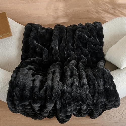 Wajade Fluffy Faux Fur Throw Blanket for Couch Bed 50x60 Inches, Luxury Ultra Soft Thick Fuzzy Plush Bubble Blanket, Reversible Warm Cozy Blanket for Sofa Chair, Black thumbnail 4