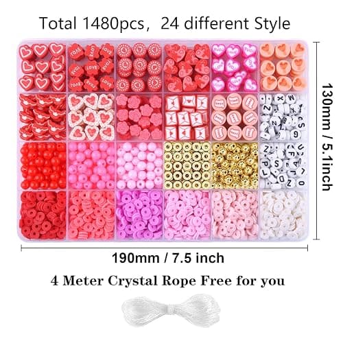 1480pcs Valentine's Day Polymer Clay Beads Charms Friendship Bracelet Necklace Earring Jewelry Making kit, Accessories for Arts Crafts DIY Birthday Gifts for Women Girls Children thumbnail 2