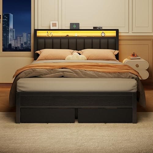 Furnulem Queen Bed Frame with Charging Station and LED Lights, Grey Upholstered Headboard with Shelves, Metal Platform Bed with 2 Under-Bed Storage (Fabric Drawer on Wheels), No Box Spring Needed thumbnail 5
