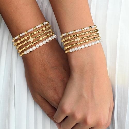 Turandoss 5PCS Gold Beaded Bracelets for Women Teen Girls, 14K Gold Plated | Gold Beaded Bracelet Stack, Dainty Turquoise Cross Pearl Round Ball Bracelet Set, Women Teenage Girls Birthday Gifts Jewelry thumbnail 3