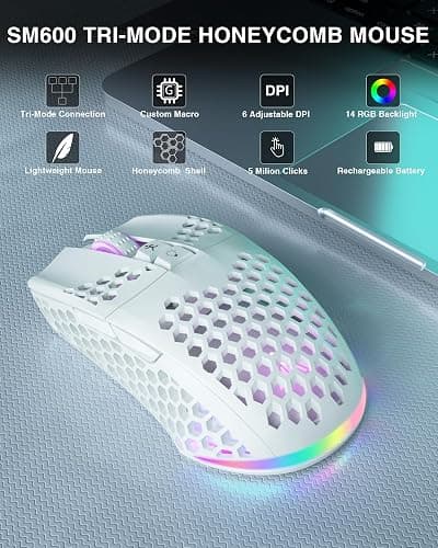SOLAKAKA SM600 White Wireless Gaming Mouse,Tri-Modes BT5.1/Type-C Wired/2.4G Wireless Mouse with 2 Side Buttons, Programmable Macro Gamer Mouse with RGB Light for Laptop/PC/Mac thumbnail 2
