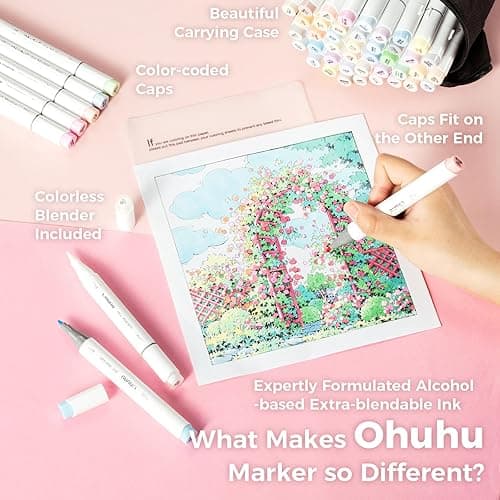 Ohuhu Pastel Markers Brush Tip, Alcohol-based Markers Double Tipped Artist Art for Sketch Adults' Coloring Illustration, 48 Pastel Colors +1 Alcohol Marker Blender + Marker Case, Brush & Fine - Sweetness thumbnail 7