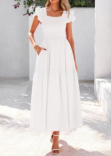 KIRUNDO Smocked Summer Dresses for Women 2026 Wedding Guest Midi Flowy Ruffle Short Sleeve Square Neck Tiered Sundress thumbnail 3