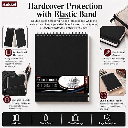 Ankkol Sketch Book 9x12, Top Spiral Bound Sketchbook,100 Sheets_68lb/100gsm | Art Sketch Pad for Kids, Adults, Beginners, Artists, Acid-Free Sketch Paper, Thick Drawing Paper, Hardcover, Perforated Pages thumbnail 6