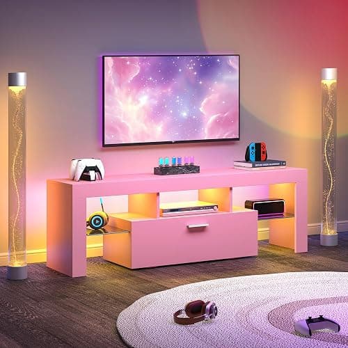 Clikuutory Modern Lighting 51 inch TV Stand with Large Storage Drawer for 32 40 50 55 Inch TVs, TV Console with 20 Color LED Lights, Entertainment Center Media and Open Shelf for Bedroom, Pink thumbnail 2