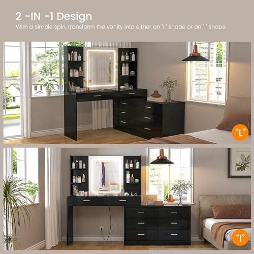FIONESO Vanity Desk with LED Light Mirror & Power Outlet, 8 Drawers, 6 Storage Shelves, 3 Color Modes & Adjustable Brightness Makeup Vanity, Corner Vanity, L Shape Vanity, 39.4”-64.9" Desk, Black thumbnail 5