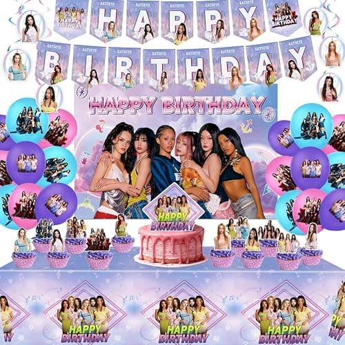 KATSEYE Birthday Decorations, Party Supplies Set Include Banner, Backdrop, Balloons, Hanging Swirls, Cake Cupcake Toppers, Tablecloth for Girls Fans KATSEYE Theme Party - Image 1