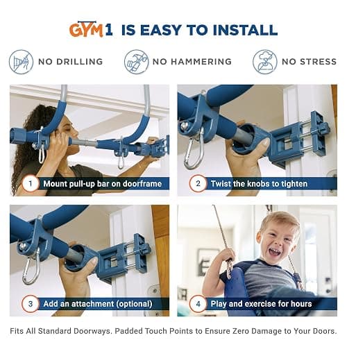 Gym1 6-Piece Doorway Gym Indoor Playground - 6-Piece, Blue - Indoor Playset with Sensory Swing, Pull-Up Bar & Rings, Trapeze, Ladder & Knotted Rope thumbnail 3