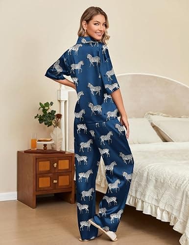 Ekouaer Silk Satin Pajamas Set Women Short Sleeve Pj Sets Button Down Sleepwear 2 Piece Soft Loungewear S-XXL thumbnail 3