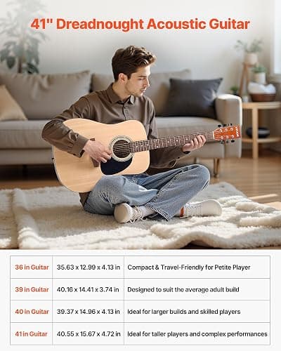 VEVOR Dreadnought Acoustic Guitar, 41 in, 6-String Natural Solid Spruce Top Guitar, Beginner Bundle with Gig Bag, Tuner, Strap, Strings, Picks, Capo, Rosewood Fingerboard, for Adults Taller Players thumbnail 3