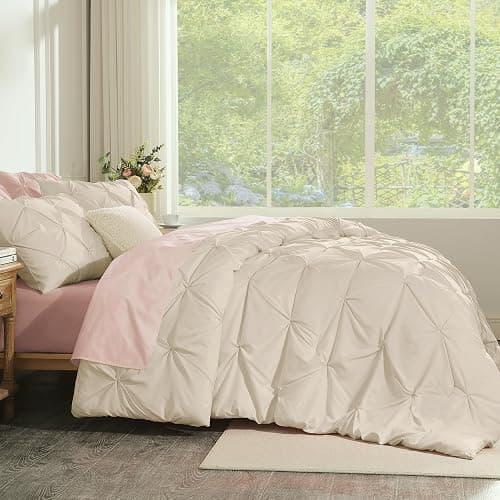 Andency Beige Comforters Queen Size, 3 Pieces Cream Bedding Set & Collections for Women Men, All Season Soft Fluffy Lightweight Pinch Pleat Bed Comforter Set (90x90Inch) thumbnail 7