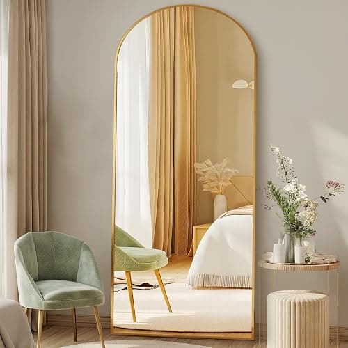 DUMOS 63.6"x20.6" Arched Full Length Mirror with Stand Floor Free Standing Aluminum Frame for Bedroom Body Hanging Leaning Modern Simple Home Decor Shatter-proorf Nano Glass Wall, Gold-Rounded thumbnail 7