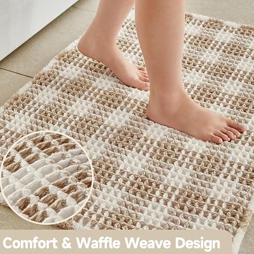 TYUU Waffle Bath Mat, Boho Bathroom Rugs Non Slip Washable Absorbent Checkered Bathroom Mat Quick Dry Farmhouse Bathroom Decor, 30"x20" Khaki and White thumbnail 3