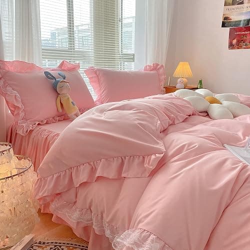 MOOWOO Chic Ruffle Lace Polyester Duvet Cover Set -Girl Pink Bedding-2 Piece Twin Duvet Cover with Zipper Closure -Ultra Soft and Light Weight (Pink, Twin)-NO Including Comforter thumbnail 5