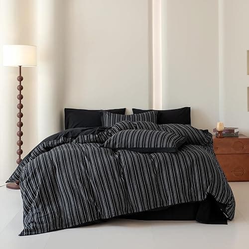 SUSYBAO Black Striped Duvet Cover King 100% Washed Cotton Farmhouse Pinstripe Duvet Cover 3 Pieces Set 1 White Stripe Duvet Cover with Zipper Ties 2 Pillow Shams Soft Classic Geometric Bedding Set - Image 1