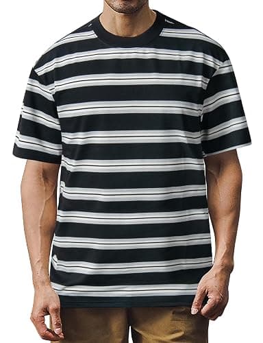Derminpro Men's Stripe Polo Shirts Short Sleeve Loose Fit Collared T-Shirts - Image 1