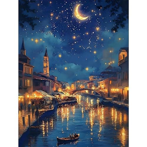 GEEHEIY Venice Diamond Art Kits for Adults, 5D Full Drill Diamond Painting Kit, Moonlit Starry Night Cityscape Water Reflections, DIY Crystal Gem Art for Beginners, Home Wall Decor Gift 30 x 40cm - Image 1