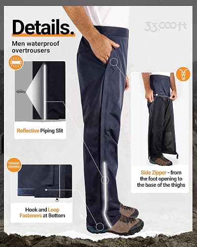 33,000ft Men's Rain Pants Full Zip Waterproof Pants Breathable Rain Over Trousers for Outdoor Hiking Golf Work thumbnail 3